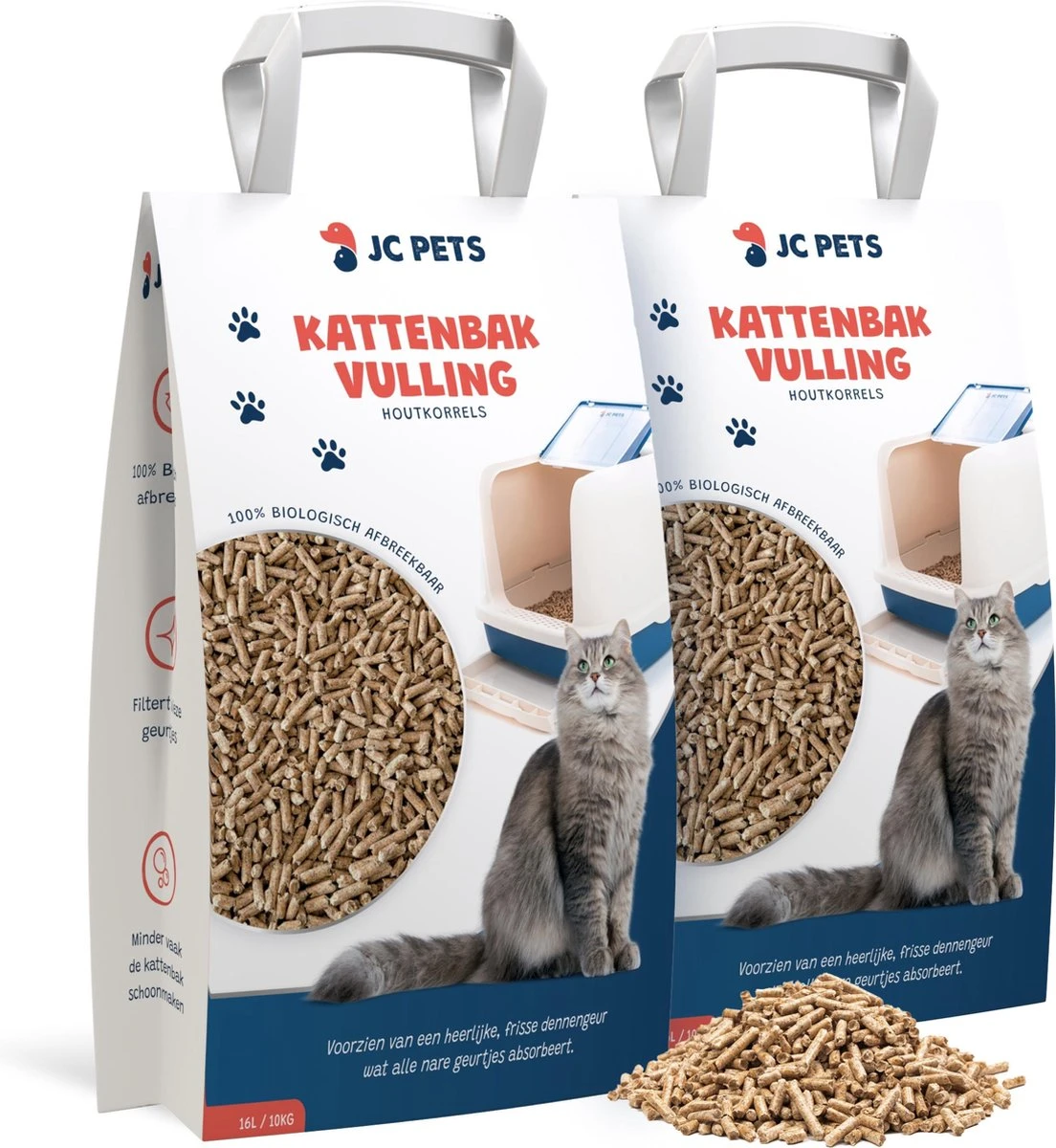 JC Pets Kattenbakvulling - 2 Zakken Houtkorrels X 16 L (32 L - 20 KG)