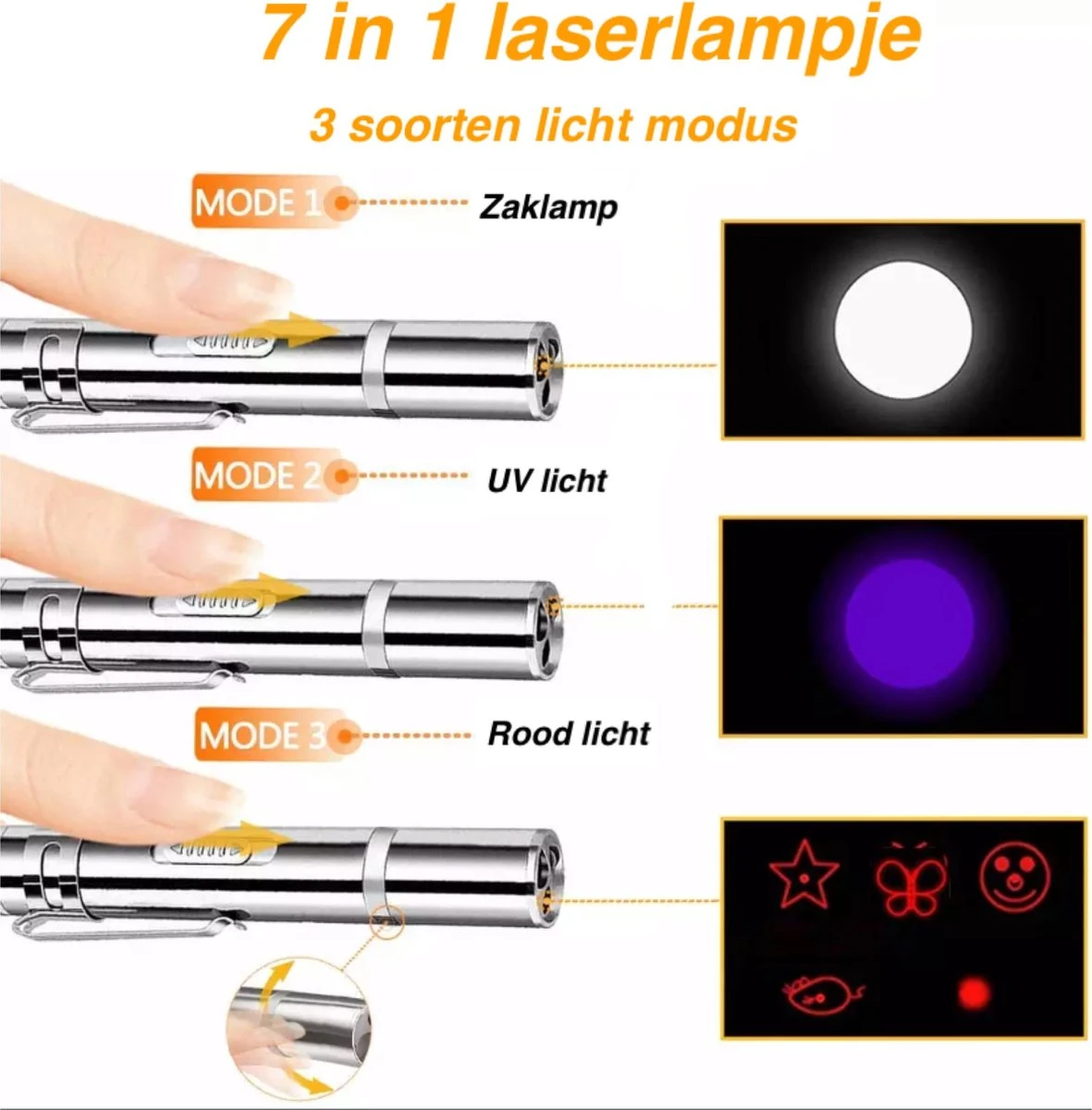 Merkloos Hoogwaardig Laserlampje Voor Katten | USB Oplaadbaar | 7 In 1 Laserpen | Laserpen | Zaklamp | Kattenspeeltje | Kattenspeelgoed | Zilver | Laserpointer Rood/groen | UV Licht - Afbeelding 2