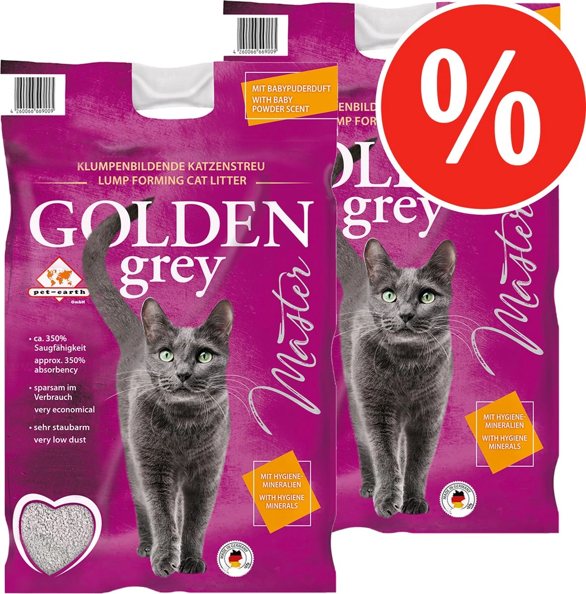 Merkloos Pet-Earth Golden Grey Master - Kattenbakvulling - Perfecte Klontvorming - 2 X 14 Kg