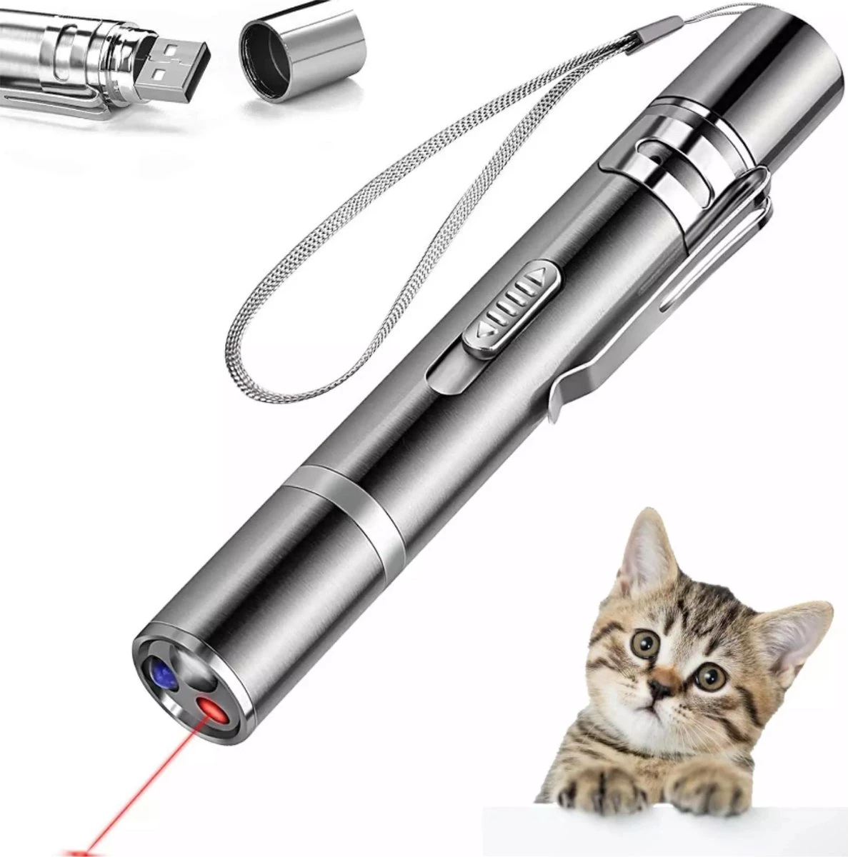 Merkloos Hoogwaardig Laserlampje Voor Katten | USB Oplaadbaar | 7 In 1 Laserpen | Laserpen | Zaklamp | Kattenspeeltje | Kattenspeelgoed | Zilver | Laserpointer Rood/groen | UV Licht