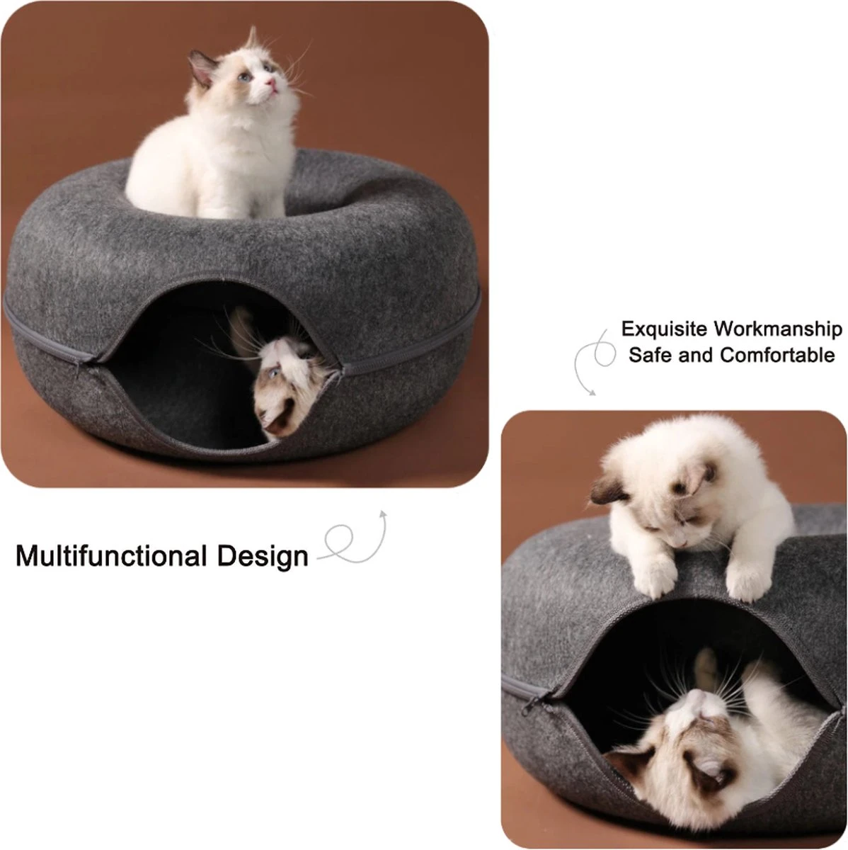 Merkloos A.K.A. Kattentunnel En Kattenmand In-1 – Kattenspeelgoed Speeltunnel Kattenhuis – Kattenhol Rond Kattenspeeltjes - Cat Cave Donut - Antraciet Vilt - Afbeelding 2