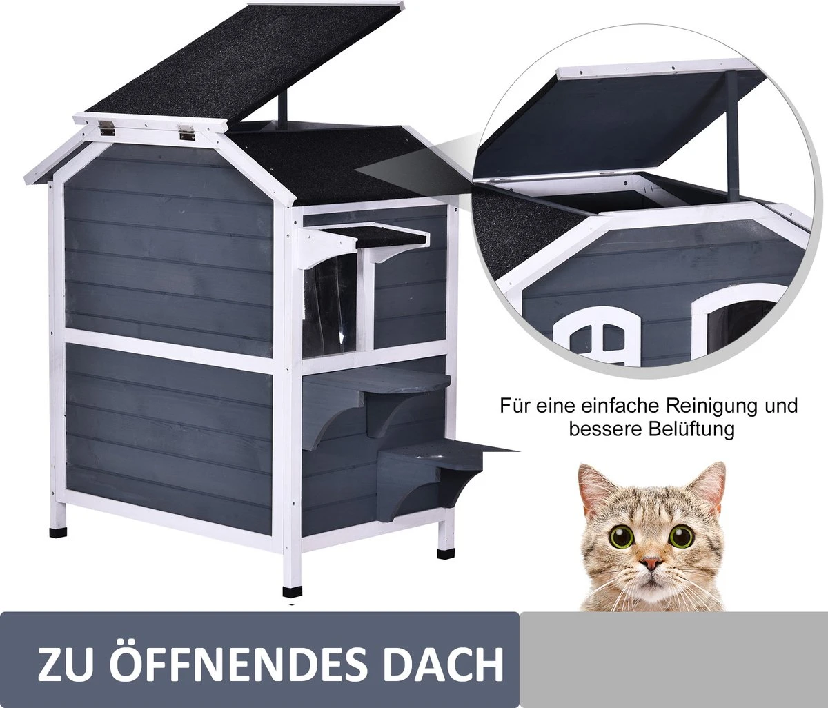 PawHut Kattenhuis Voor Buiten Kattenhut Met 2 Verdiepingen Kattenvilla, Asfaltdak, Massief Hout Grijs D30-236 - Afbeelding 10