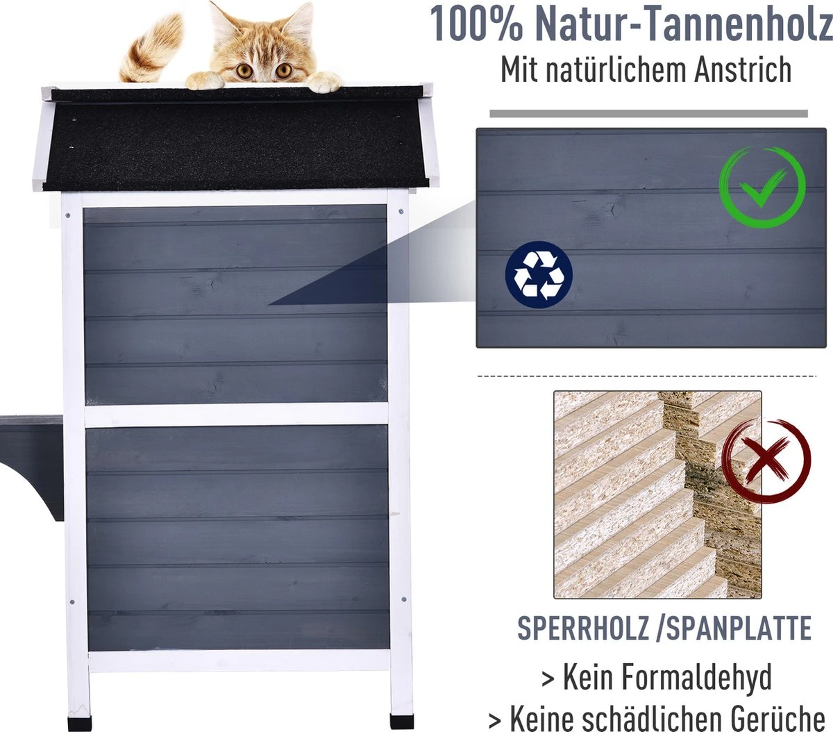PawHut Kattenhuis Voor Buiten Kattenhut Met 2 Verdiepingen Kattenvilla, Asfaltdak, Massief Hout Grijs D30-236 - Afbeelding 8