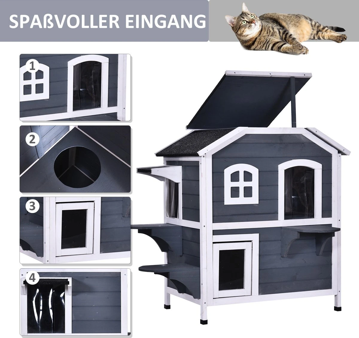 PawHut Kattenhuis Voor Buiten Kattenhut Met 2 Verdiepingen Kattenvilla, Asfaltdak, Massief Hout Grijs D30-236 - Afbeelding 7