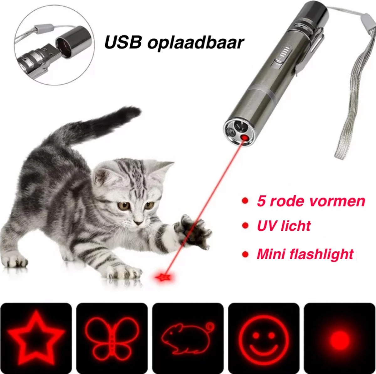 Merkloos Hoogwaardig Laserlampje Voor Katten | USB Oplaadbaar | 7 In 1 Laserpen | Laserpen | Zaklamp | Kattenspeeltje | Kattenspeelgoed | Zilver | Laserpointer Rood/groen | UV Licht - Afbeelding 4