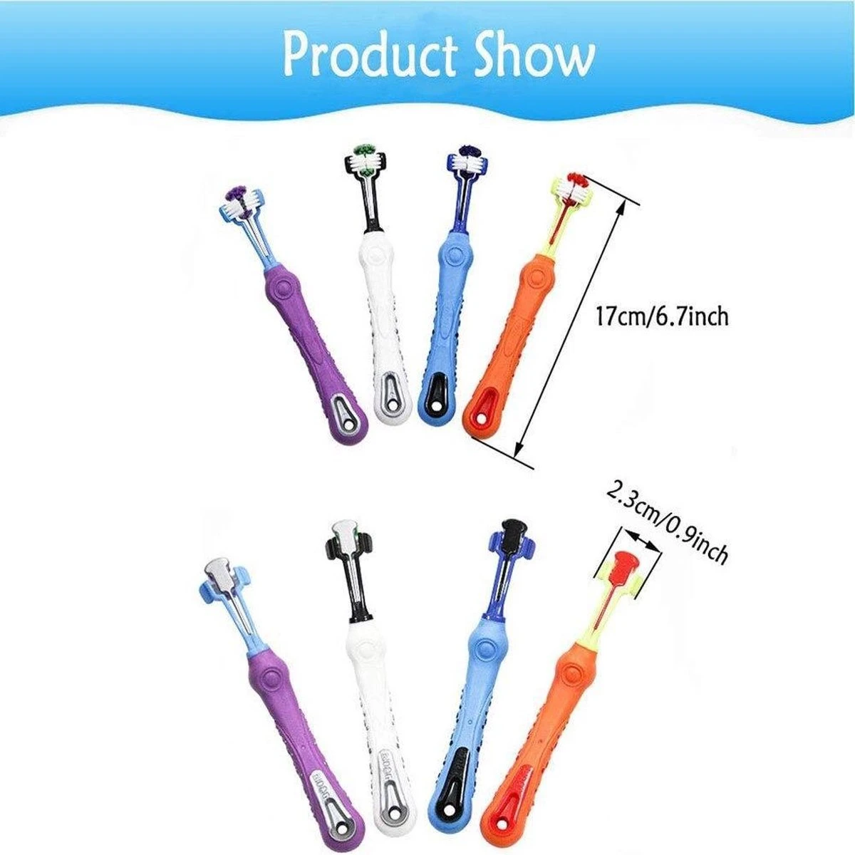 Merkloos Tandenborstel - Voor Huisdieren - Honden - 3 Zijdig - Multi-Hoek - Schoonmaken - Tanden - Slechte Adem - Tandsteen - Tandenborstel - Gezondheid - Blauw - Afbeelding 2