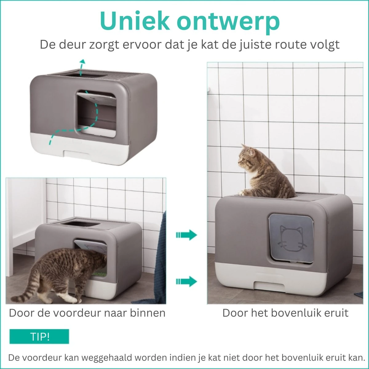 Kattenbak - 2 Uitgangen - Kattentoilet - Uitschuifbare Bodem - Met Schepje - Grijs 53 X 40 X 40 Cm - Afbeelding 3