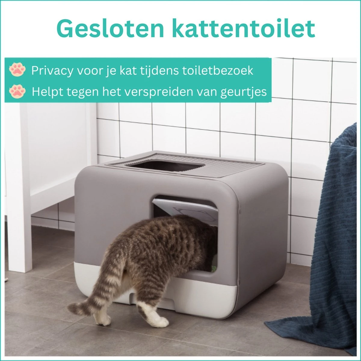 Kattenbak - 2 Uitgangen - Kattentoilet - Uitschuifbare Bodem - Met Schepje - Grijs 53 X 40 X 40 Cm - Afbeelding 4
