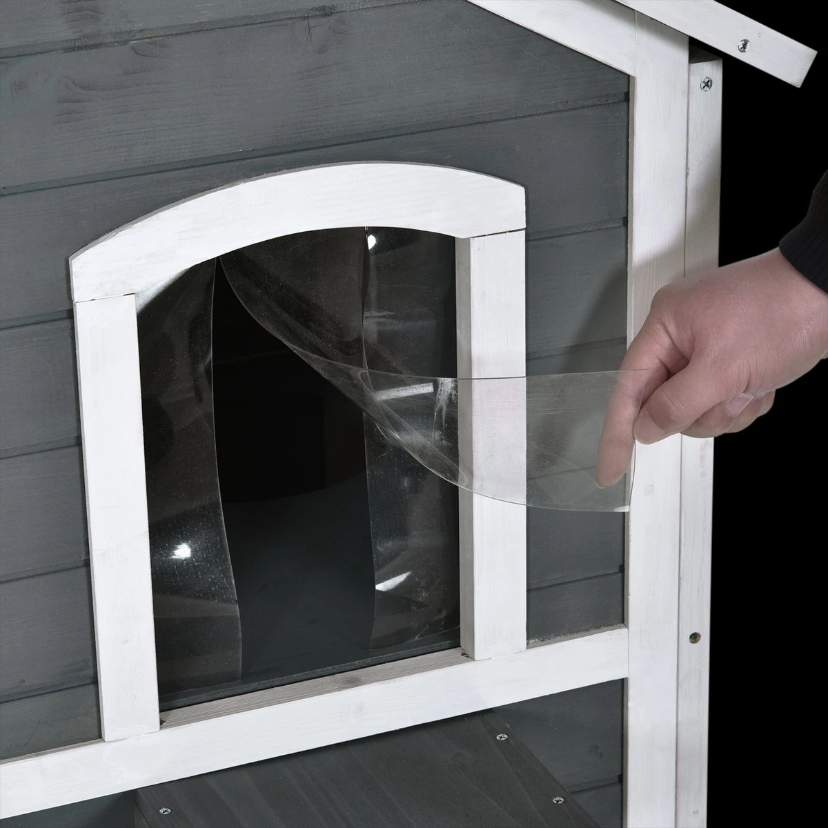 PawHut Kattenhuis Voor Buiten Kattenhut Met 2 Verdiepingen Kattenvilla, Asfaltdak, Massief Hout Grijs D30-236 - Afbeelding 3