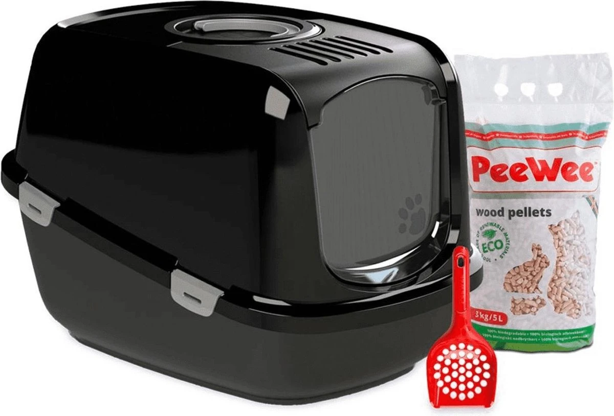 PeeWee Kattenbak XXL EcoDome Startpakket - Zwart - 66,5 X 48,5 X 46,5 Cm