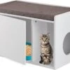 Relaxdays Kattenbak Ombouw - Met Zitkussen - Kattenhuis Wit - Kattenmeubel - Kattenkast